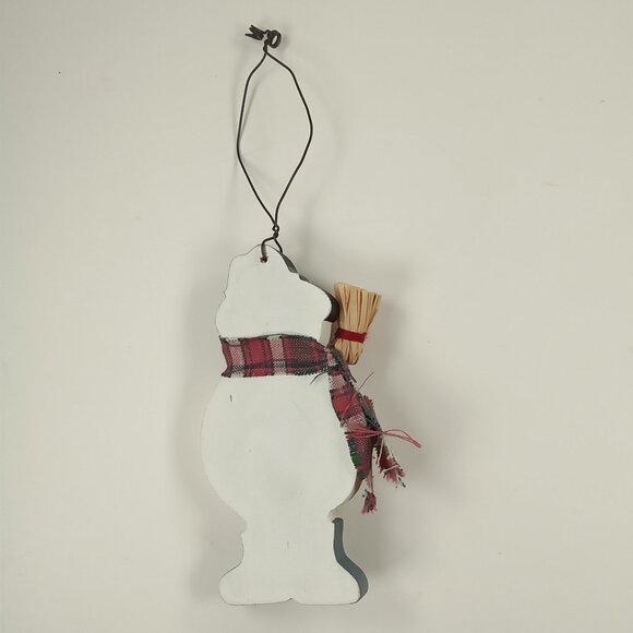 Wooden Winter Snowman Country Rustic 4.5" Ornament w/ Fabric Scarf & Stick Broom - Picture 2 of 3